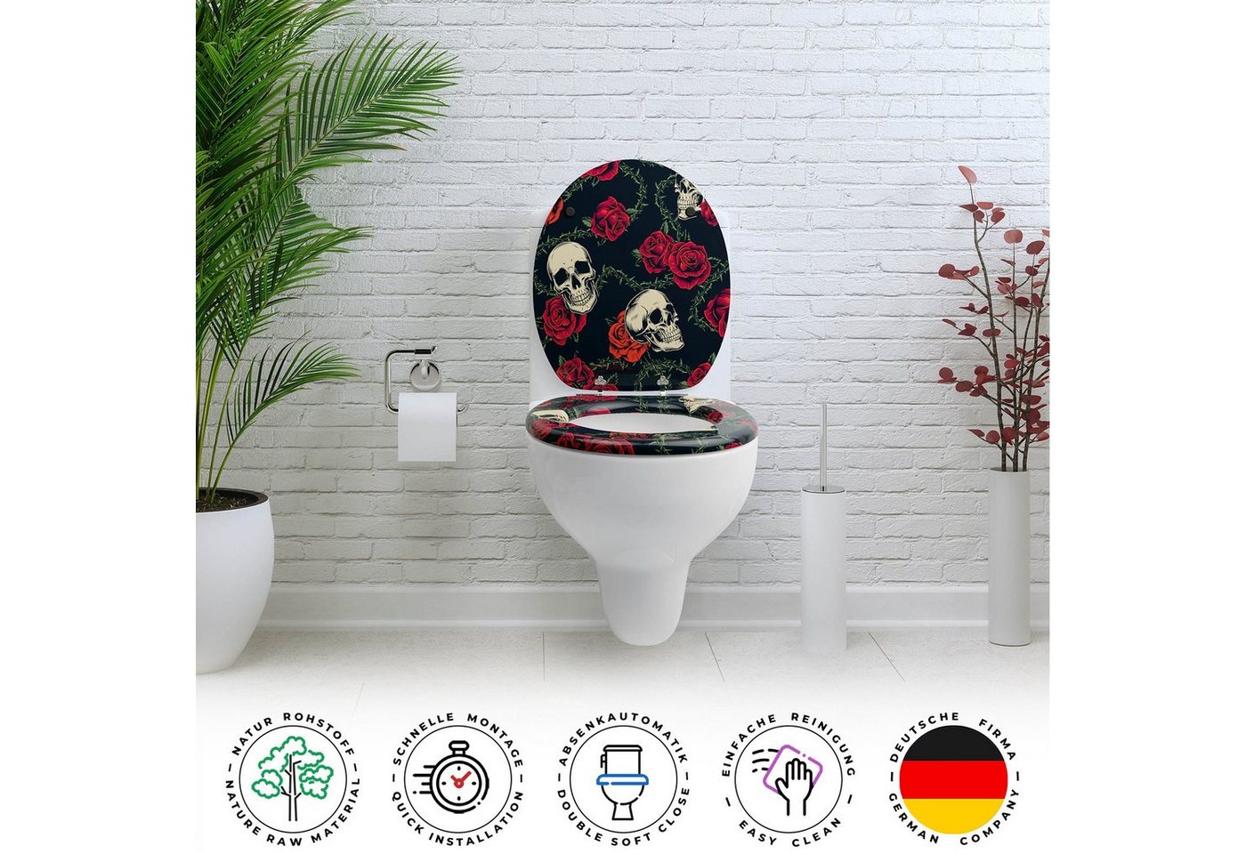 Sanfino WC-Sitz „Rose Skull“ hochwertiger Toilettendeckel mit Absenkautomatik, aus Holz, viele bunte Motive, hoher Sitzkomfort, einfache Montage – Bild 4 von 5