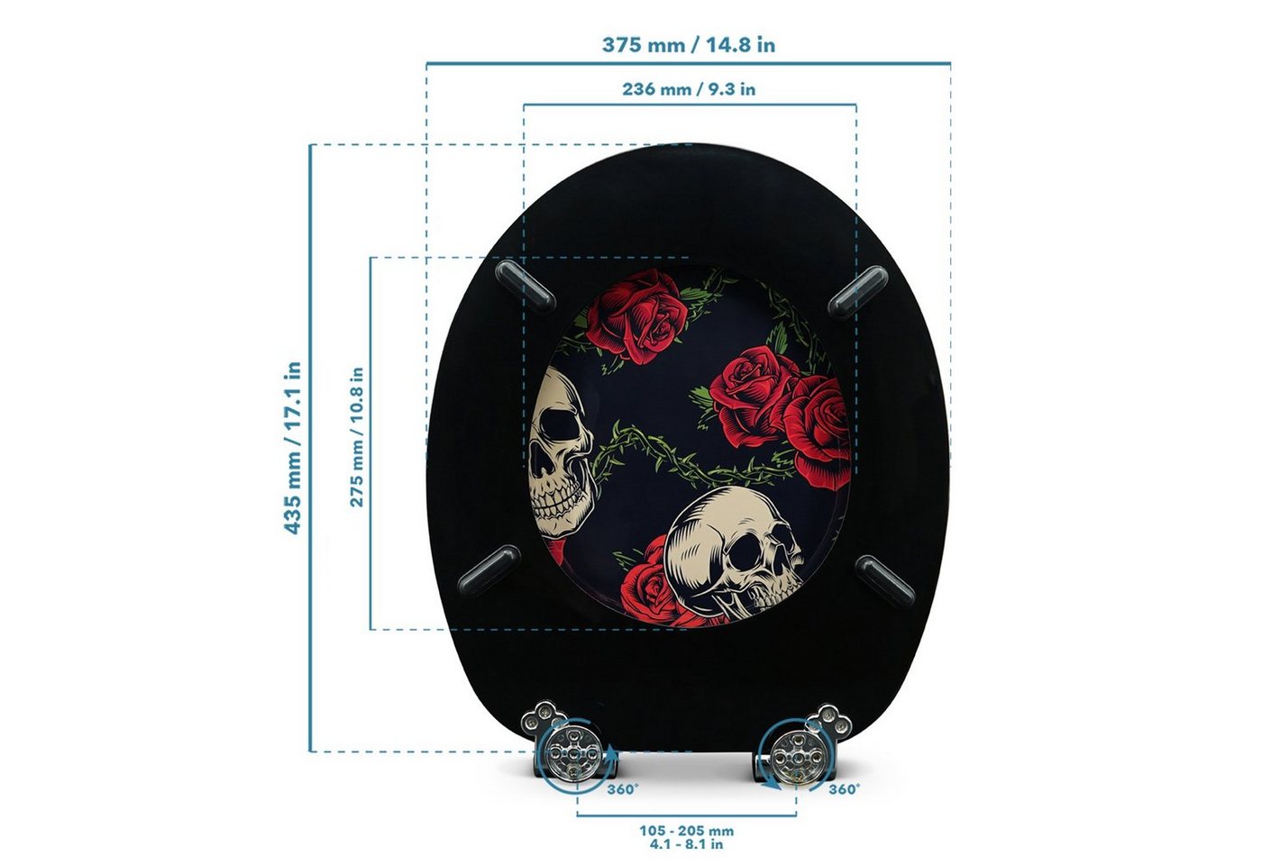 Sanfino WC-Sitz „Rose Skull“ hochwertiger Toilettendeckel mit Absenkautomatik, aus Holz, viele bunte Motive, hoher Sitzkomfort, einfache Montage – Bild 5 von 5