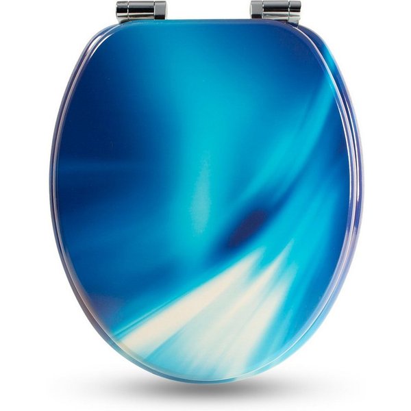 Sanfino WC-Sitz "Wave" Premium Toilettendeckel mit Absenkautomatik aus Holz, mit schönem blauem Motiv, hohem Sitzkomfort, einfache Montage