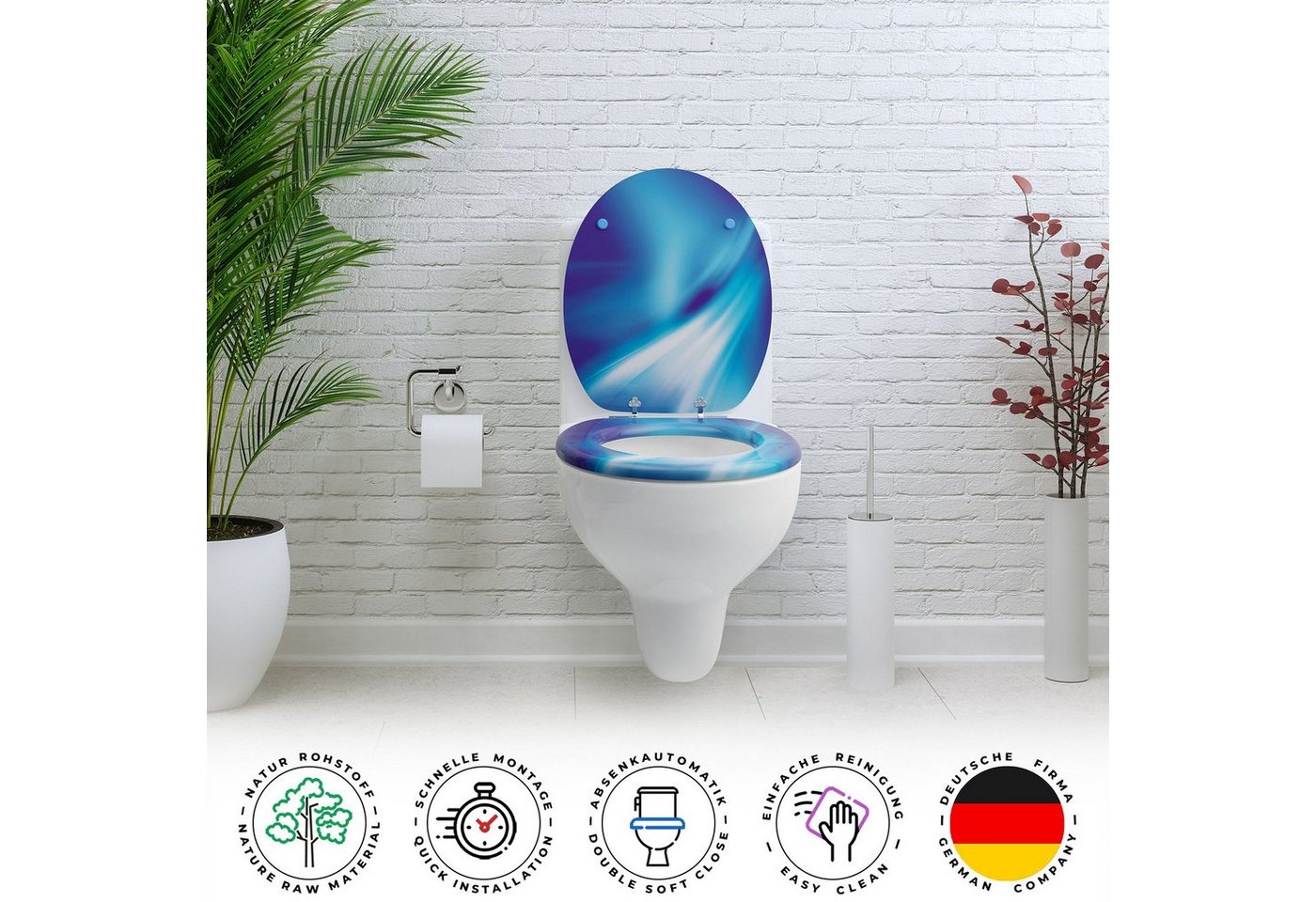 Sanfino WC-Sitz "Wave" Premium Toilettendeckel mit Absenkautomatik aus Holz, mit schönem blauem Motiv, hohem Sitzkomfort, einfache Montage – Bild 4 von 5