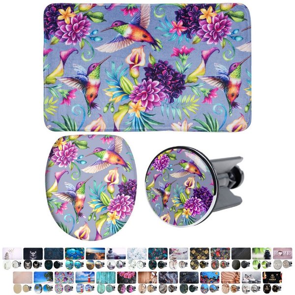 Sanilo Badaccessoire-Set 3-teilig mit Motiv, viele schöne Sets zur Auswahl, WC-Sitz mit Absenkautomatik, Badteppich 70 x 110 cm, Waschbeckenstöpsel, 3 tlg., 3-t