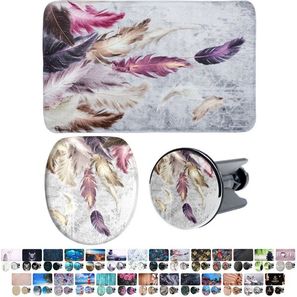 Sanilo Badaccessoire-Set 3-teilig mit Motiv, viele schöne Sets zur Auswahl, WC-Sitz mit Absenkautomatik, Badteppich 70 x 110 cm, Waschbeckenstöpsel, 3 tlg., 3-t