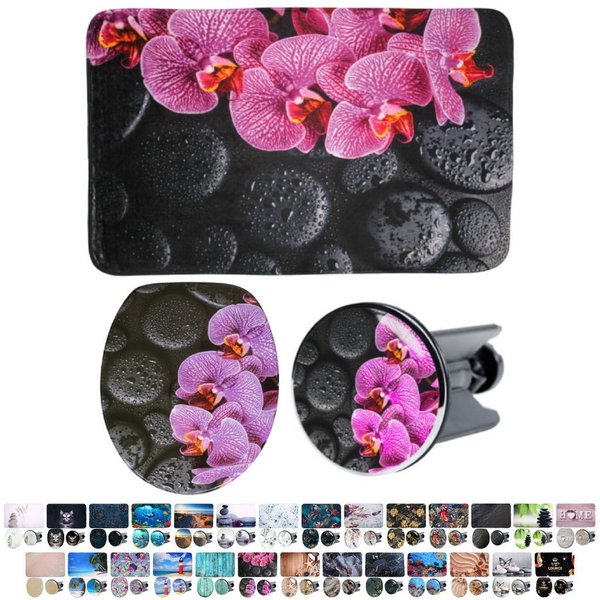 Sanilo Badaccessoire-Set 3-teilig mit Motiv, viele schöne Sets zur Auswahl, WC-Sitz mit Absenkautomatik, Badteppich 70 x 110 cm, Waschbeckenstöpsel, 3 tlg., 3-t
