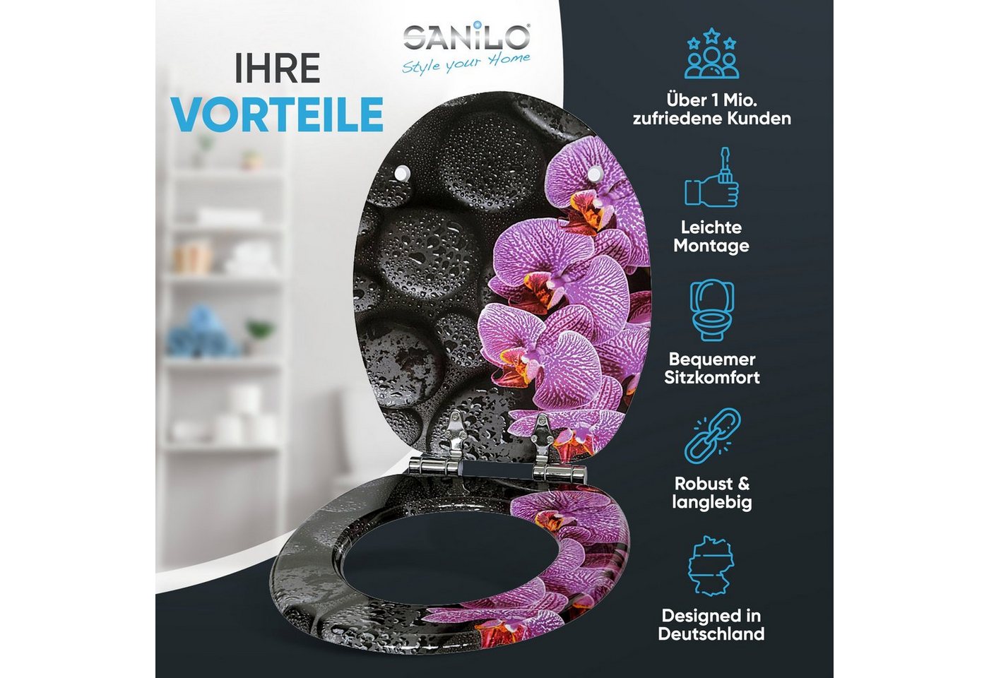 Sanilo Badaccessoire-Set 3-teilig mit Motiv, viele schöne Sets zur Auswahl, WC-Sitz mit Absenkautomatik, Badteppich 70 x 110 cm, Waschbeckenstöpsel, 3 tlg., 3-t – Bild 2 von 5