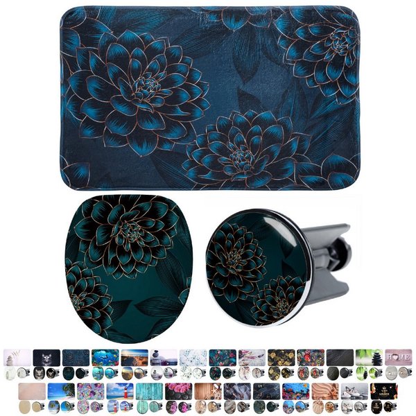 Sanilo Badaccessoire-Set 3-teilig mit Motiv, viele schöne Sets zur Auswahl, WC-Sitz mit Absenkautomatik, Badteppich 70 x 110 cm, Waschbeckenstöpsel, 3 tlg., 3-t