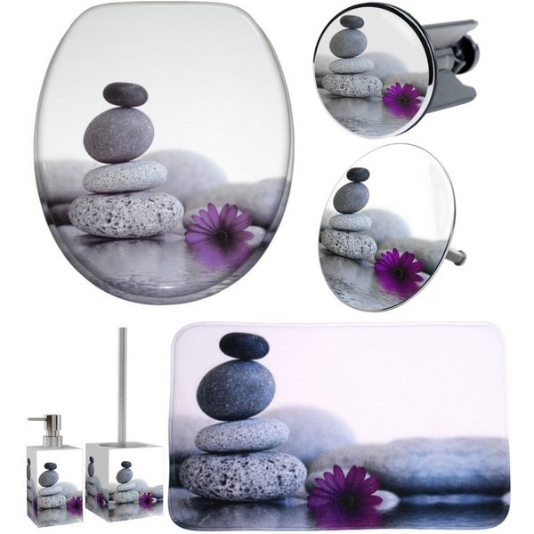 Sanilo Badaccessoire-Set 6-teilig Energy Stones, WC-Sitz mit Absenkautomatik, Badteppich 70 x 110 cm, Waschbeckenstöpsel, Badewannenstöpsel, Seifenspender, WC-B