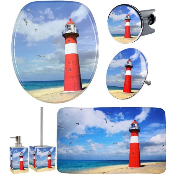 Sanilo Badaccessoire-Set 6-teilig Leuchtturm, WC-Sitz mit Absenkautomatik, Badteppich 70 x 110 cm, Waschbeckenstöpsel, Badewannenstöpsel, Seifenspender, WC-Bürs