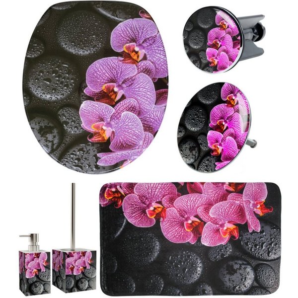 Sanilo Badaccessoire-Set 6-teilig Madeira, WC-Sitz mit Absenkautomatik, Badteppich 70 x 110 cm, Waschbeckenstöpsel, Badewannenstöpsel, Seifenspender, WC-Bürste,