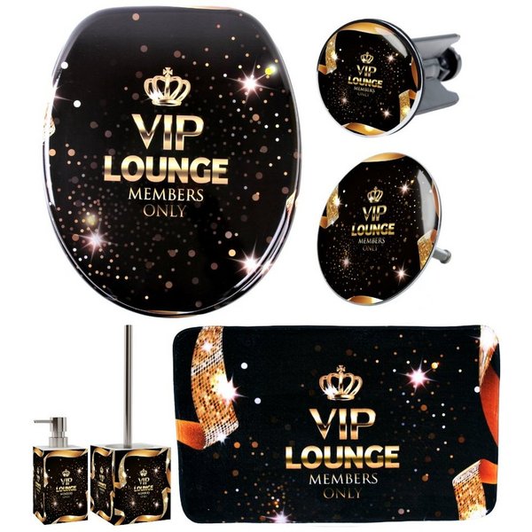 Sanilo Badaccessoire-Set 6-teilig VIP Lounge, WC-Sitz mit Absenkautomatik, Badteppich 70 x 110 cm, Waschbeckenstöpsel, Badewannenstöpsel, Seifenspender, WC-Bürs