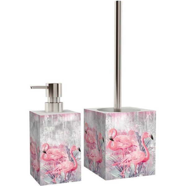 Sanilo Badaccessoire-Set Flamingo, WC-Bürste und Seifenspender, 2 tlg., 2-tlg., auswechselbarer Bürstenkopf, stabile Pumpe, hochwertig & modern