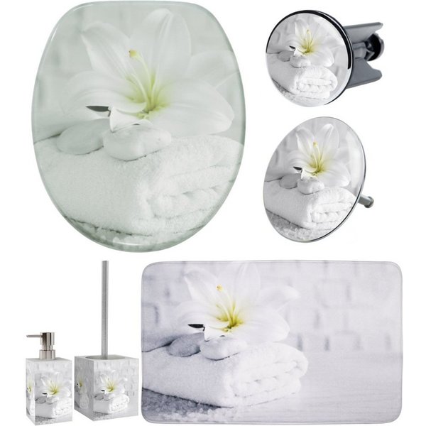 Sanilo Badaccessoire-Set Good Feeling, WC-Sitz mit Absenkautomatik, Badteppich 70 x 110 cm, Waschbeckenstöpsel, Badewannenstöpsel, Seifenspender, WC-Bürste, 6 t