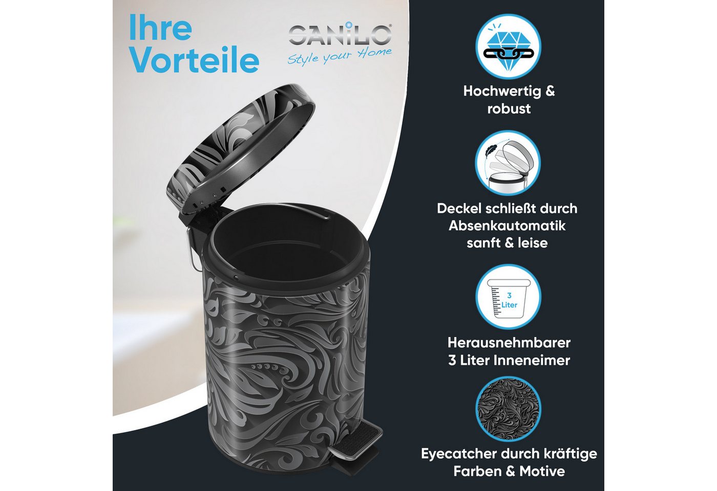Sanilo Kosmetikeimer Floral, 3 Liter, Bad Mülleimer mit Absenkautomatik & Innenbehälter – Bild 2 von 4
