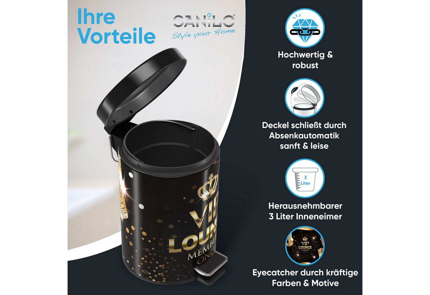 Sanilo Kosmetikeimer mit Motiv, viele schöne Bad Mülleimer zur Auswahl, 3 Liter, Abfalleimer mit Absenkautomatik & Innenbehälter – Bild 2 von 5