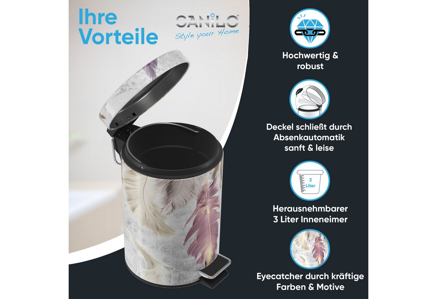 Sanilo Kosmetikeimer mit Motiv, viele schöne Bad Mülleimer zur Auswahl, 3 Liter, Abfalleimer mit Absenkautomatik & Innenbehälter – Bild 3 von 5
