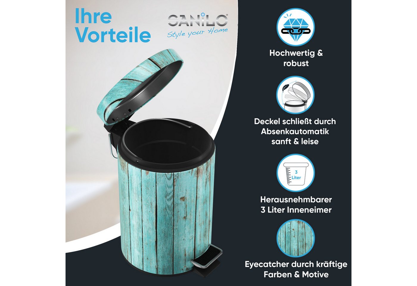 Sanilo Kosmetikeimer mit Motiv, viele schöne Bad Mülleimer zur Auswahl, 3 Liter, Abfalleimer mit Absenkautomatik & Innenbehälter – Bild 2 von 5