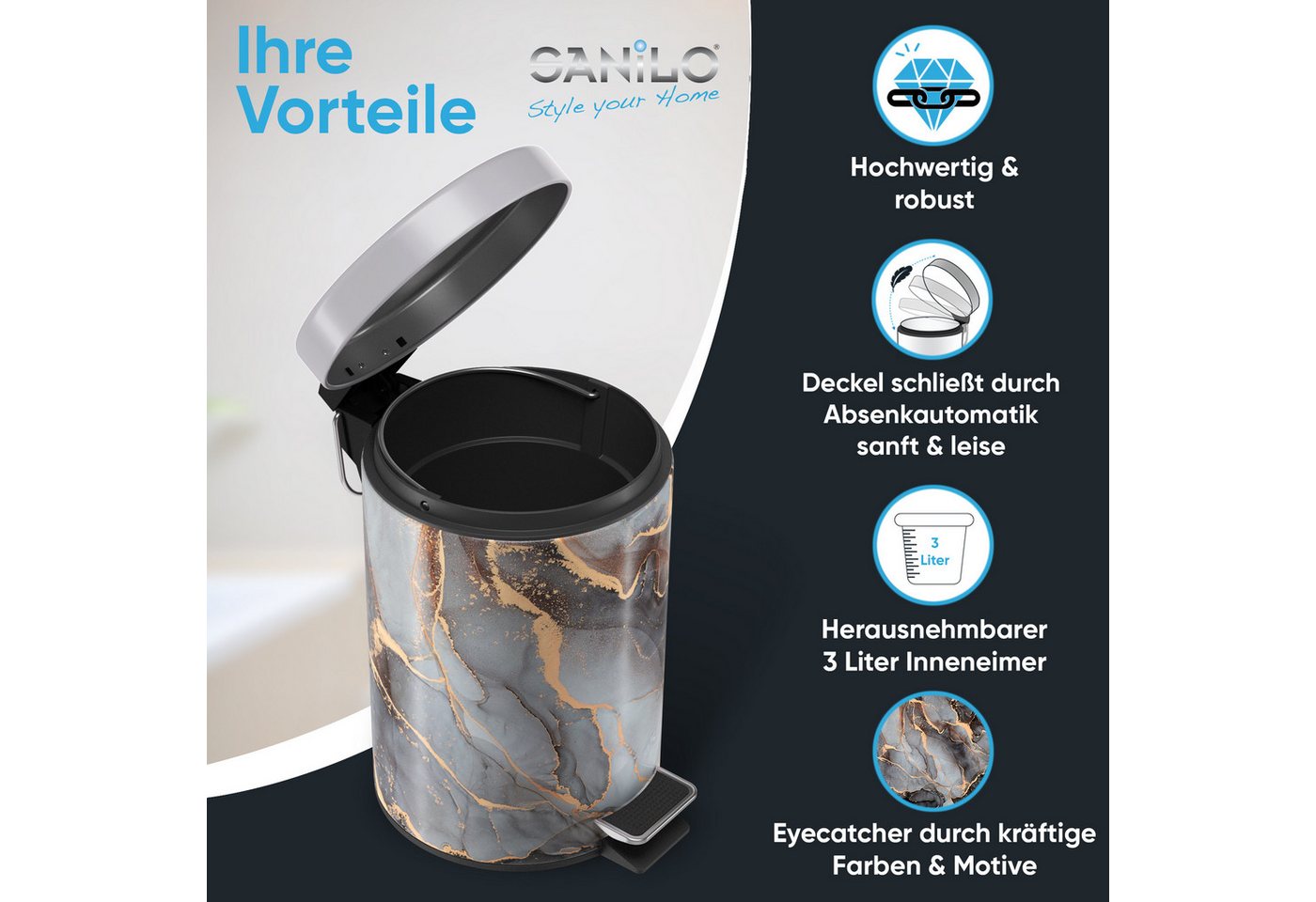 Sanilo Kosmetikeimer mit Motiv, viele schöne Bad Mülleimer zur Auswahl, 3 Liter, Abfalleimer mit Absenkautomatik & Innenbehälter – Bild 2 von 5