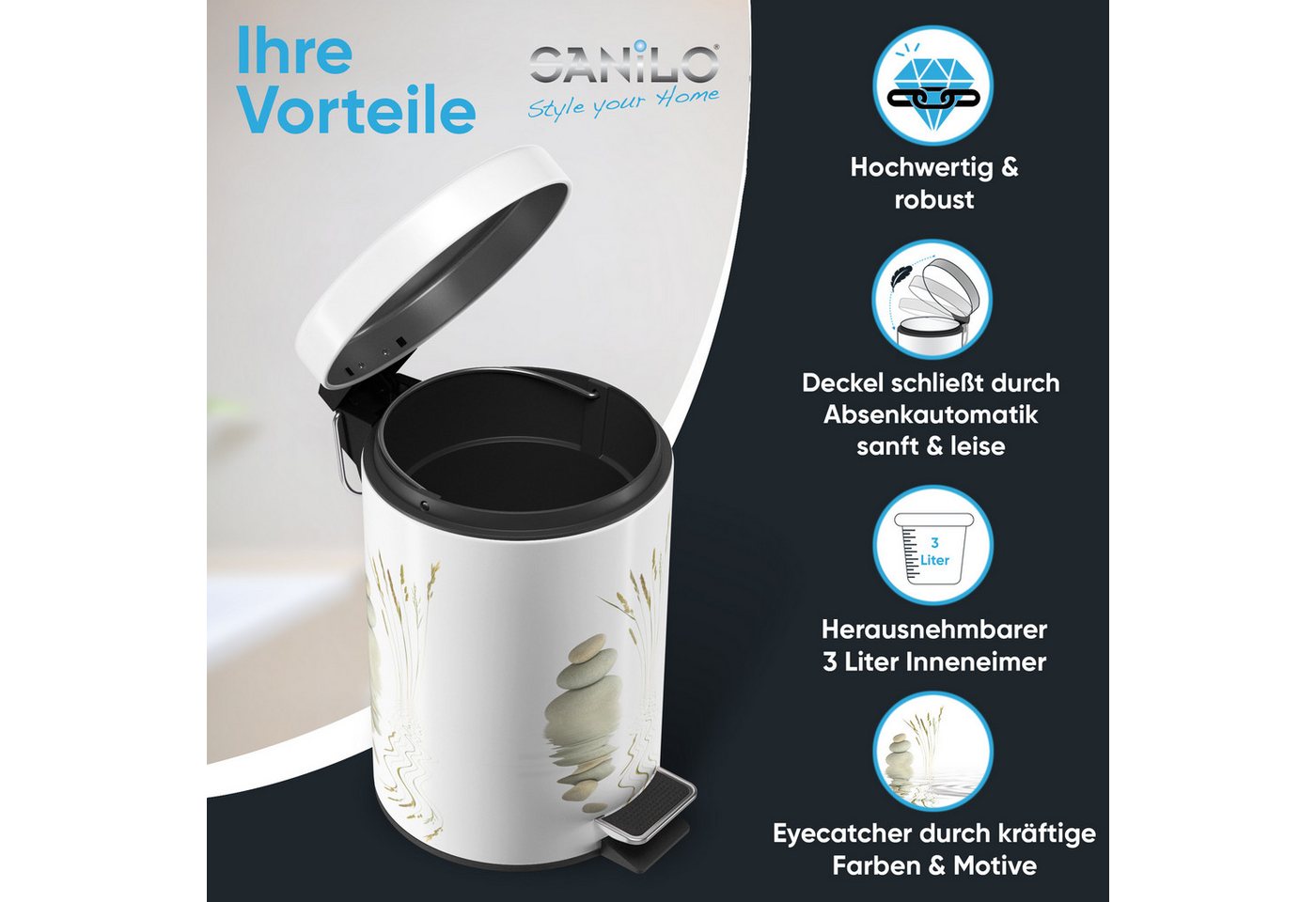 Sanilo Kosmetikeimer mit Motiv, viele schöne Bad Mülleimer zur Auswahl, 3 Liter, Abfalleimer mit Absenkautomatik & Innenbehälter – Bild 2 von 5