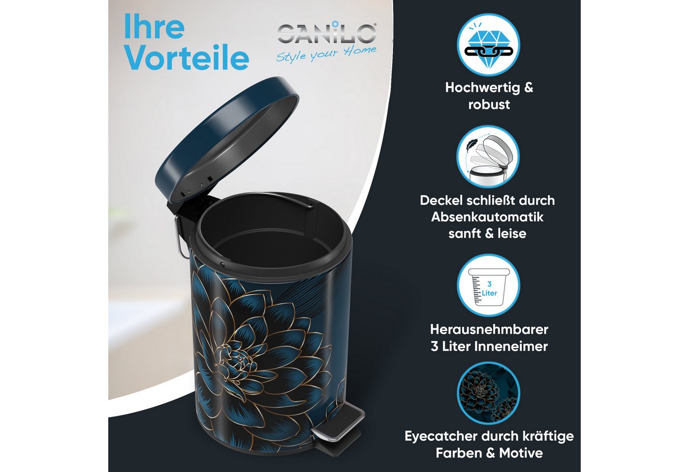 Sanilo Kosmetikeimer mit Motiv, viele schöne Bad Mülleimer zur Auswahl, 3 Liter, Abfalleimer mit Absenkautomatik & Innenbehälter – Bild 2 von 5