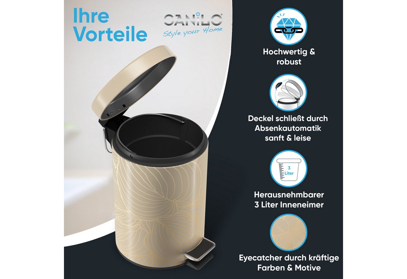 Sanilo Kosmetikeimer mit Motiv, viele schöne Bad Mülleimer zur Auswahl, 3 Liter, Abfalleimer mit Absenkautomatik & Innenbehälter – Bild 2 von 5