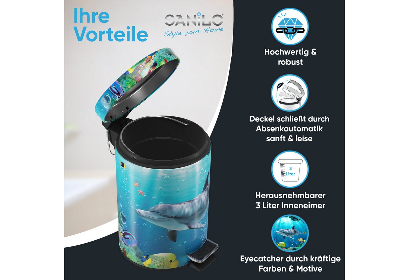 Sanilo Kosmetikeimer mit Motiv, viele schöne Bad Mülleimer zur Auswahl, 3 Liter, Abfalleimer mit Absenkautomatik & Innenbehälter – Bild 2 von 5