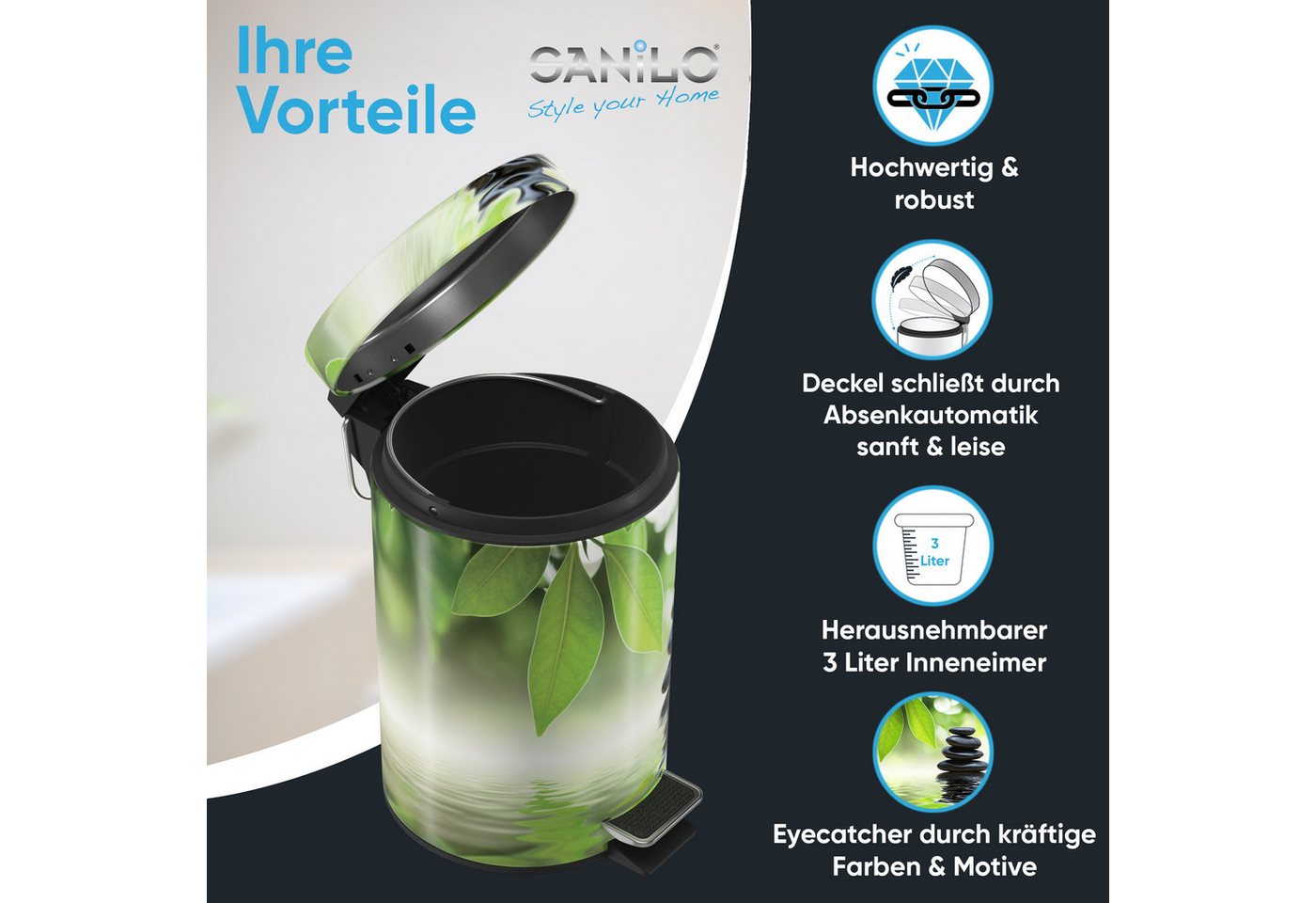 Sanilo Kosmetikeimer mit Motiv, viele schöne Bad Mülleimer zur Auswahl, 3 Liter, Abfalleimer mit Absenkautomatik & Innenbehälter – Bild 2 von 5