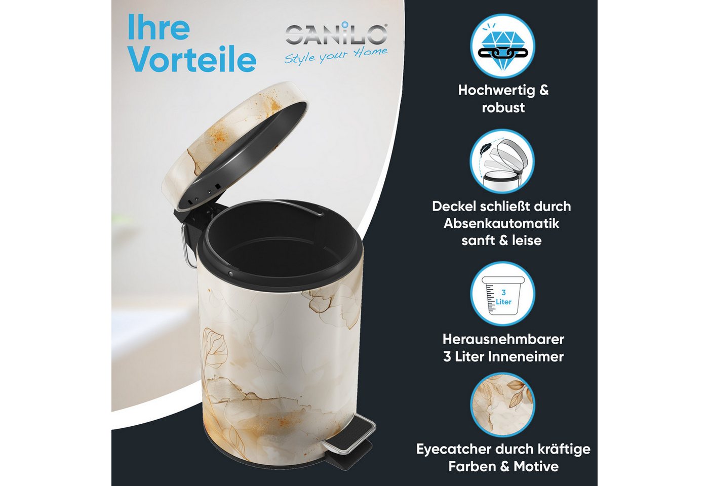 Sanilo Kosmetikeimer mit Motiv, viele schöne Bad Mülleimer zur Auswahl, 3 Liter, Abfalleimer mit Absenkautomatik & Innenbehälter – Bild 2 von 4