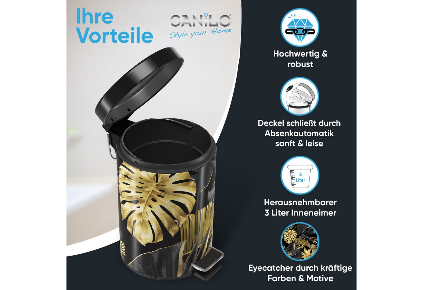 Sanilo Kosmetikeimer mit Motiv, viele schöne Bad Mülleimer zur Auswahl, 3 Liter, Abfalleimer mit Absenkautomatik & Innenbehälter – Bild 2 von 5