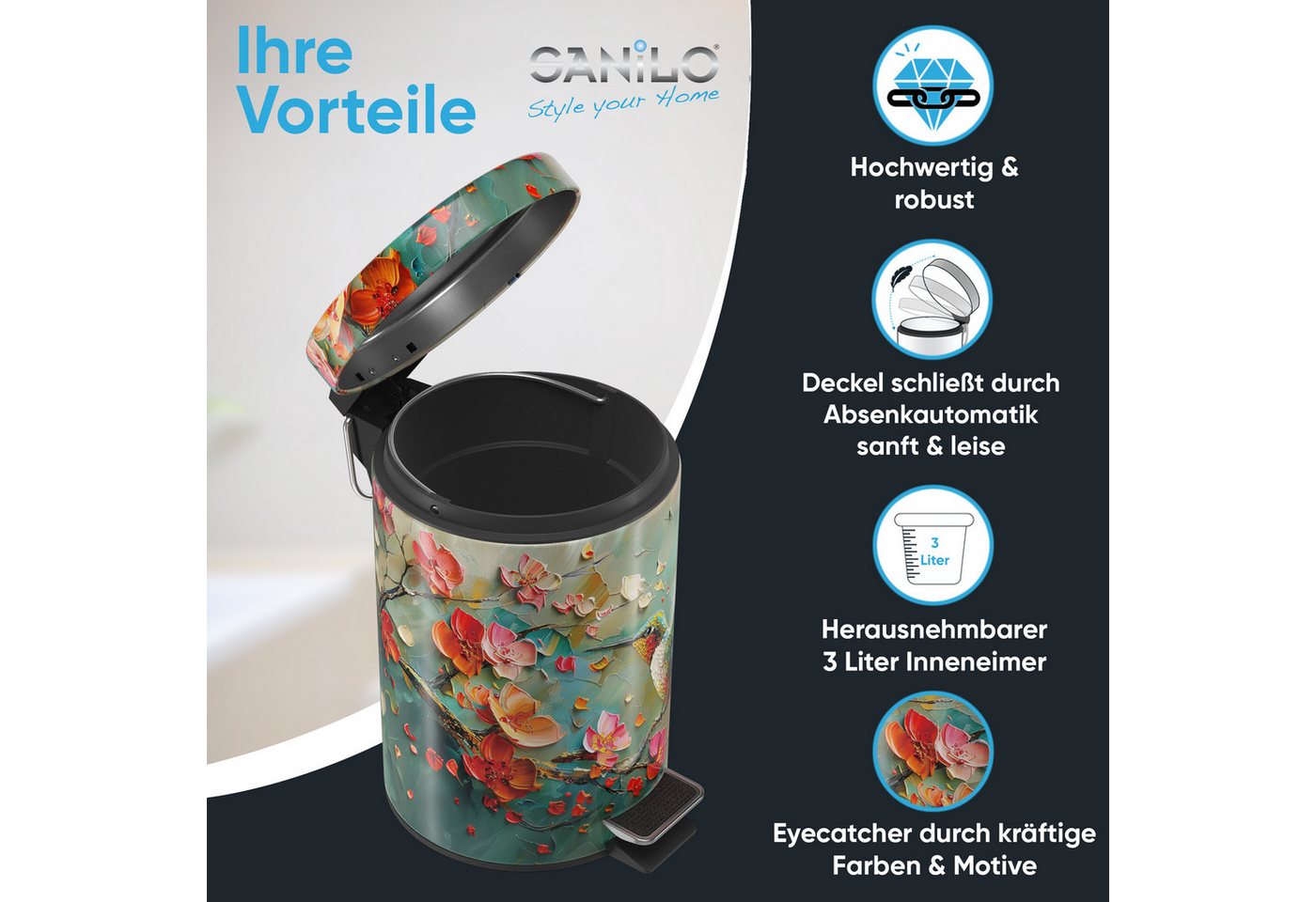 Sanilo Kosmetikeimer mit Motiv, viele schöne Bad Mülleimer zur Auswahl, 3 Liter, Abfalleimer mit Absenkautomatik & Innenbehälter – Bild 2 von 5