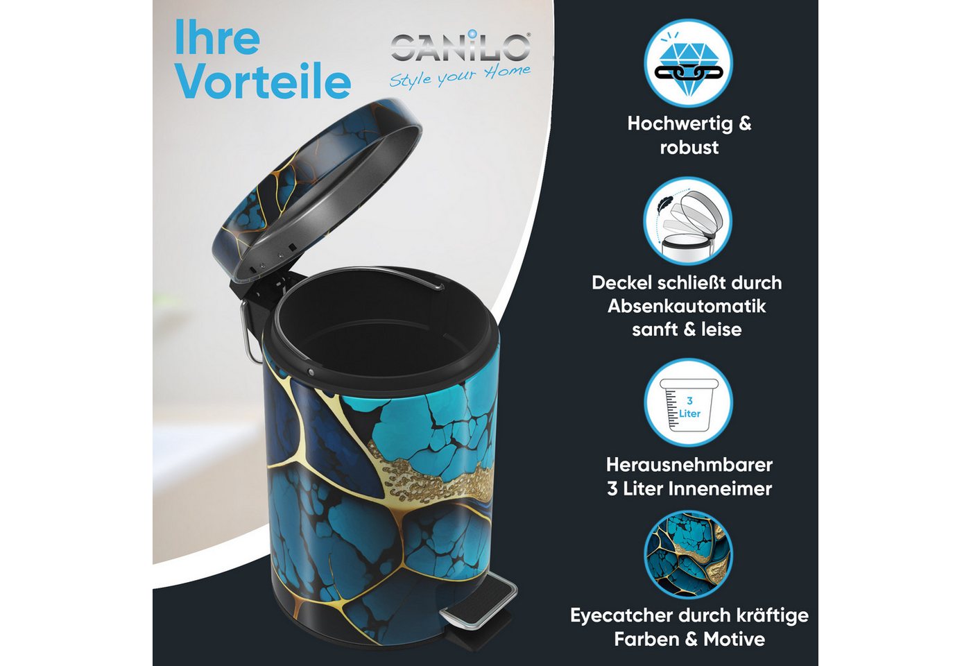 Sanilo Kosmetikeimer mit Motiv, viele schöne Bad Mülleimer zur Auswahl, 3 Liter, Abfalleimer mit Absenkautomatik & Innenbehälter – Bild 2 von 5
