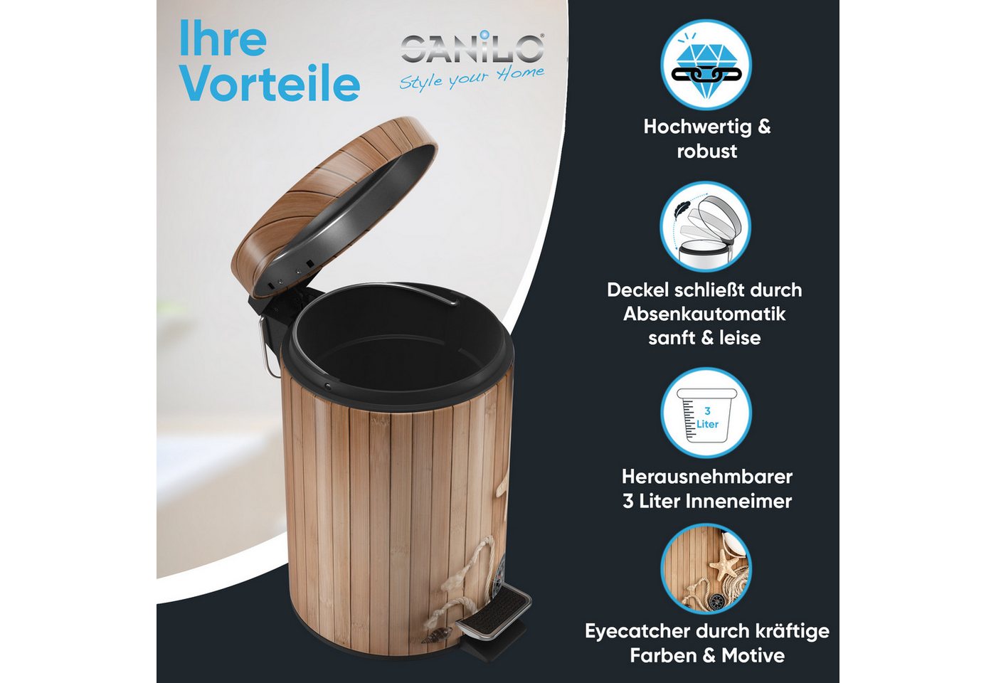 Sanilo Kosmetikeimer mit Motiv, viele schöne Bad Mülleimer zur Auswahl, 3 Liter, Abfalleimer mit Absenkautomatik & Innenbehälter – Bild 2 von 5