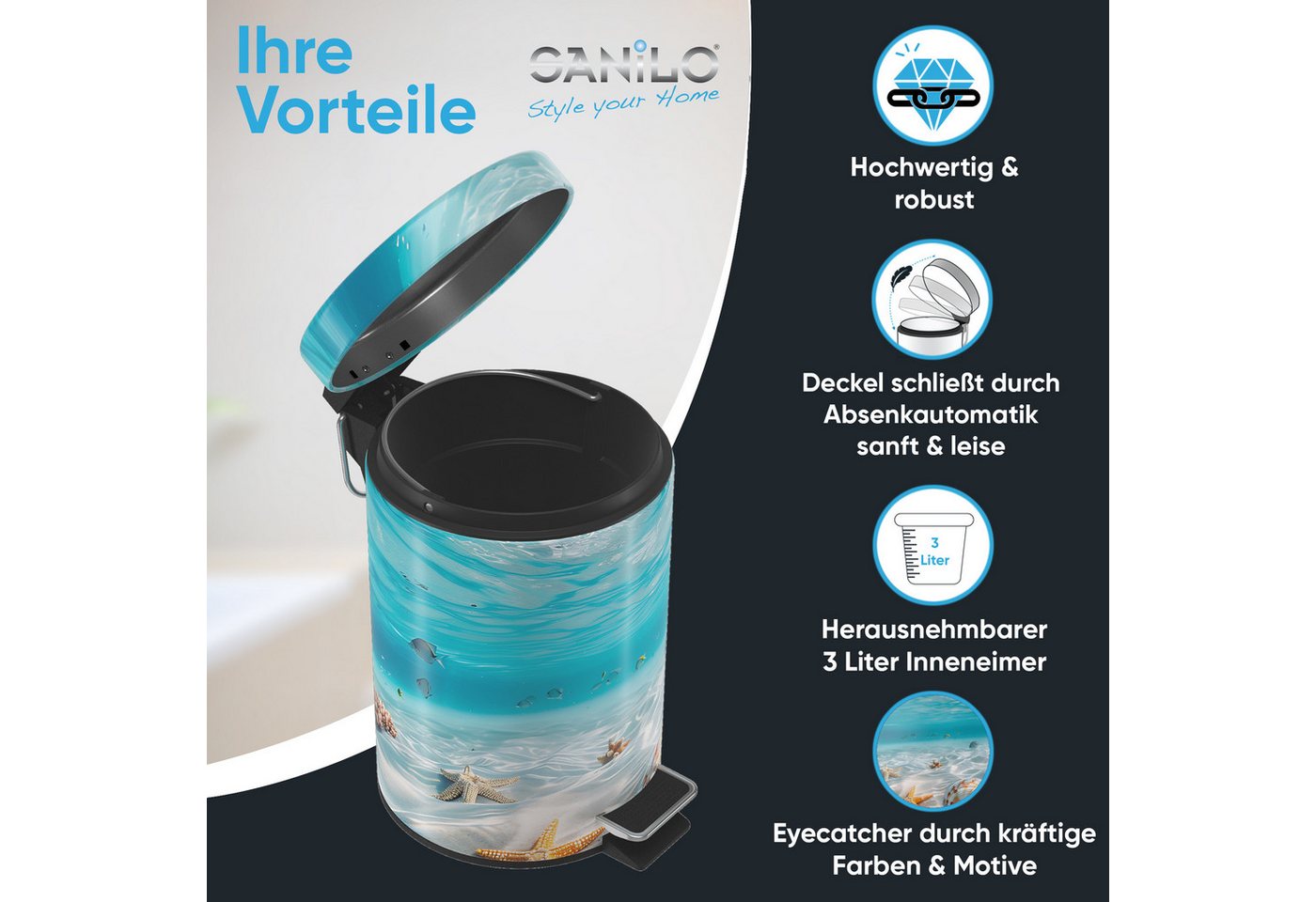 Sanilo Kosmetikeimer mit Motiv, viele schöne Bad Mülleimer zur Auswahl, 3 Liter, Abfalleimer mit Absenkautomatik & Innenbehälter – Bild 2 von 5