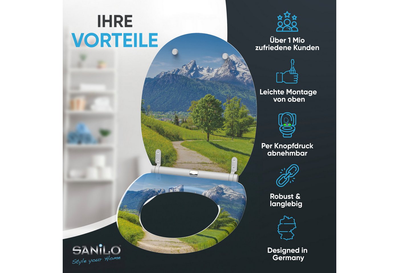 Sanilo WC-Sitz Alpen mit Absenkautomatik & Quick Release, Premium Toilettendeckel, abnehmbar, leichte Montage von oben – Bild 2 von 5
