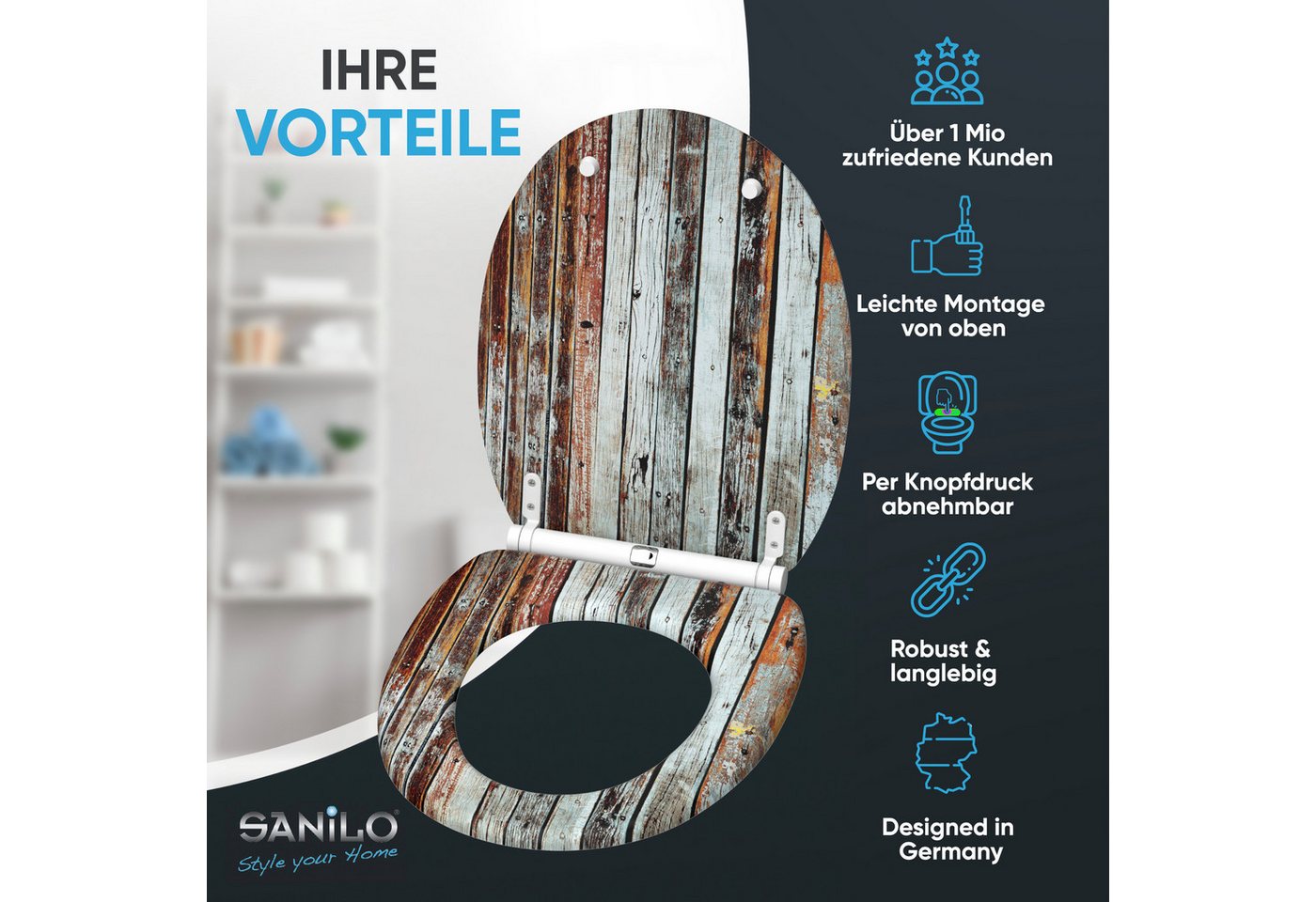 Sanilo WC-Sitz Antik mit Absenkautomatik & Quick Release, Premium Toilettendeckel, abnehmbar, leichte Montage von oben – Bild 2 von 5