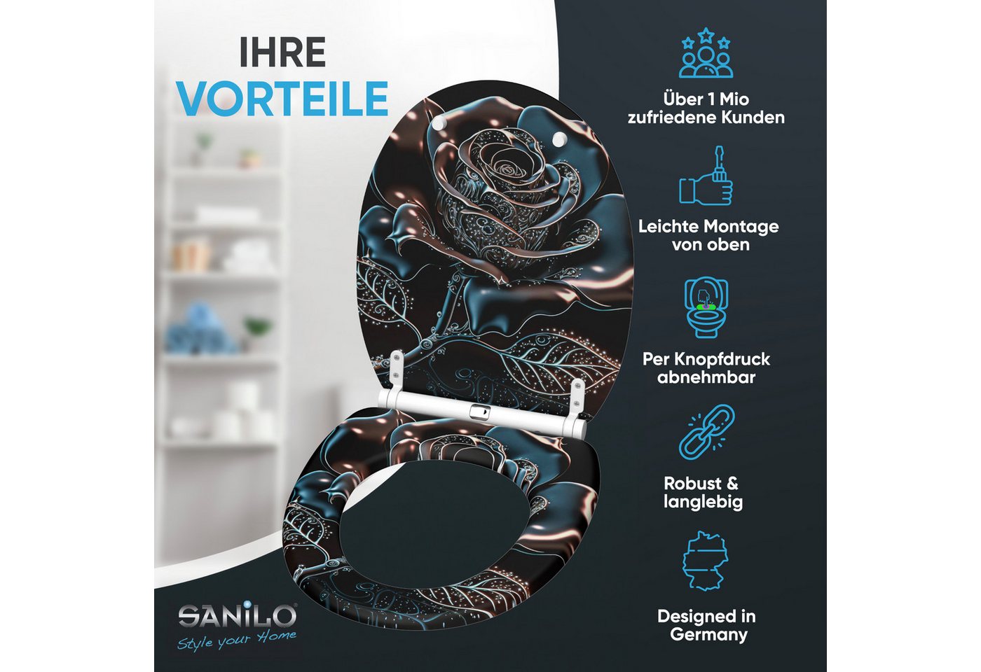 Sanilo WC-Sitz Black Rose mit Absenkautomatik & Quick Release, Premium Toilettendeckel, abnehmbar, leichte Montage von oben – Bild 2 von 5
