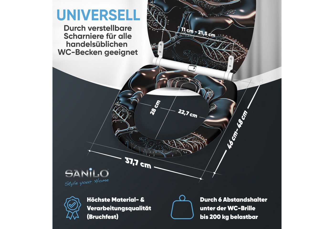 Sanilo WC-Sitz Black Rose mit Absenkautomatik & Quick Release, Premium Toilettendeckel, abnehmbar, leichte Montage von oben – Bild 4 von 5