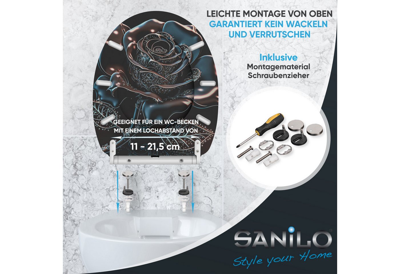 Sanilo WC-Sitz Black Rose mit Absenkautomatik & Quick Release, Premium Toilettendeckel, abnehmbar, leichte Montage von oben – Bild 5 von 5