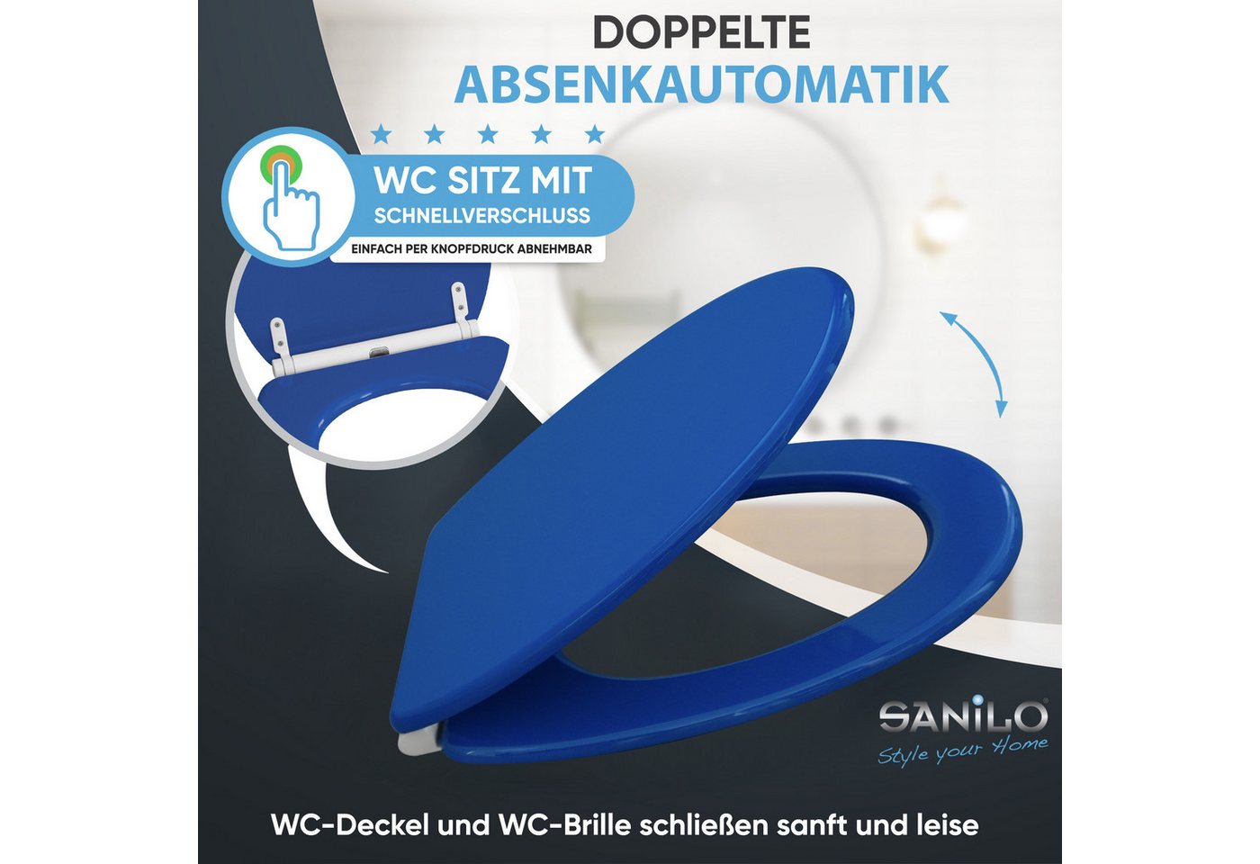 Sanilo WC-Sitz Blau mit Absenkautomatik & Quick Release, Premium Toilettendeckel, abnehmbar, leichte Montage von oben – Bild 3 von 5