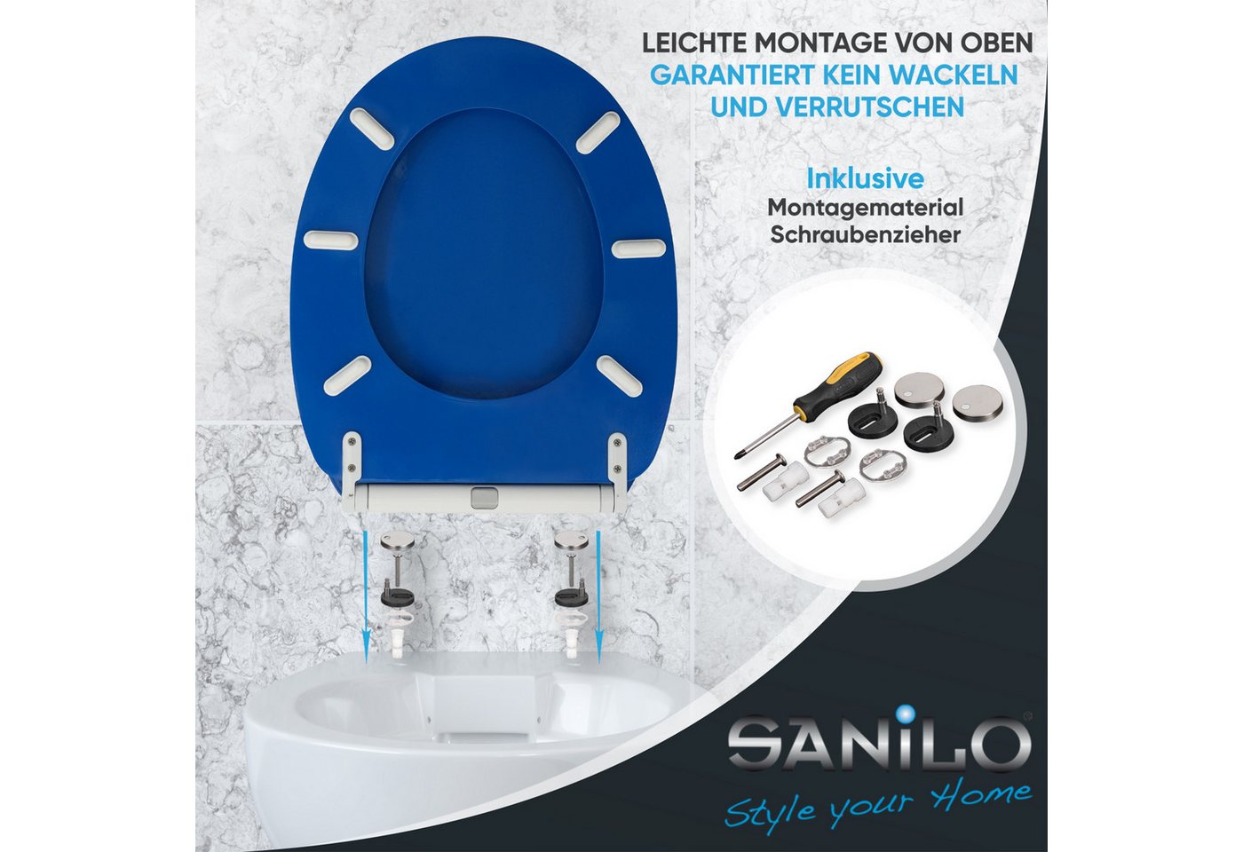 Sanilo WC-Sitz Blau mit Absenkautomatik & Quick Release, Premium Toilettendeckel, abnehmbar, leichte Montage von oben – Bild 5 von 5