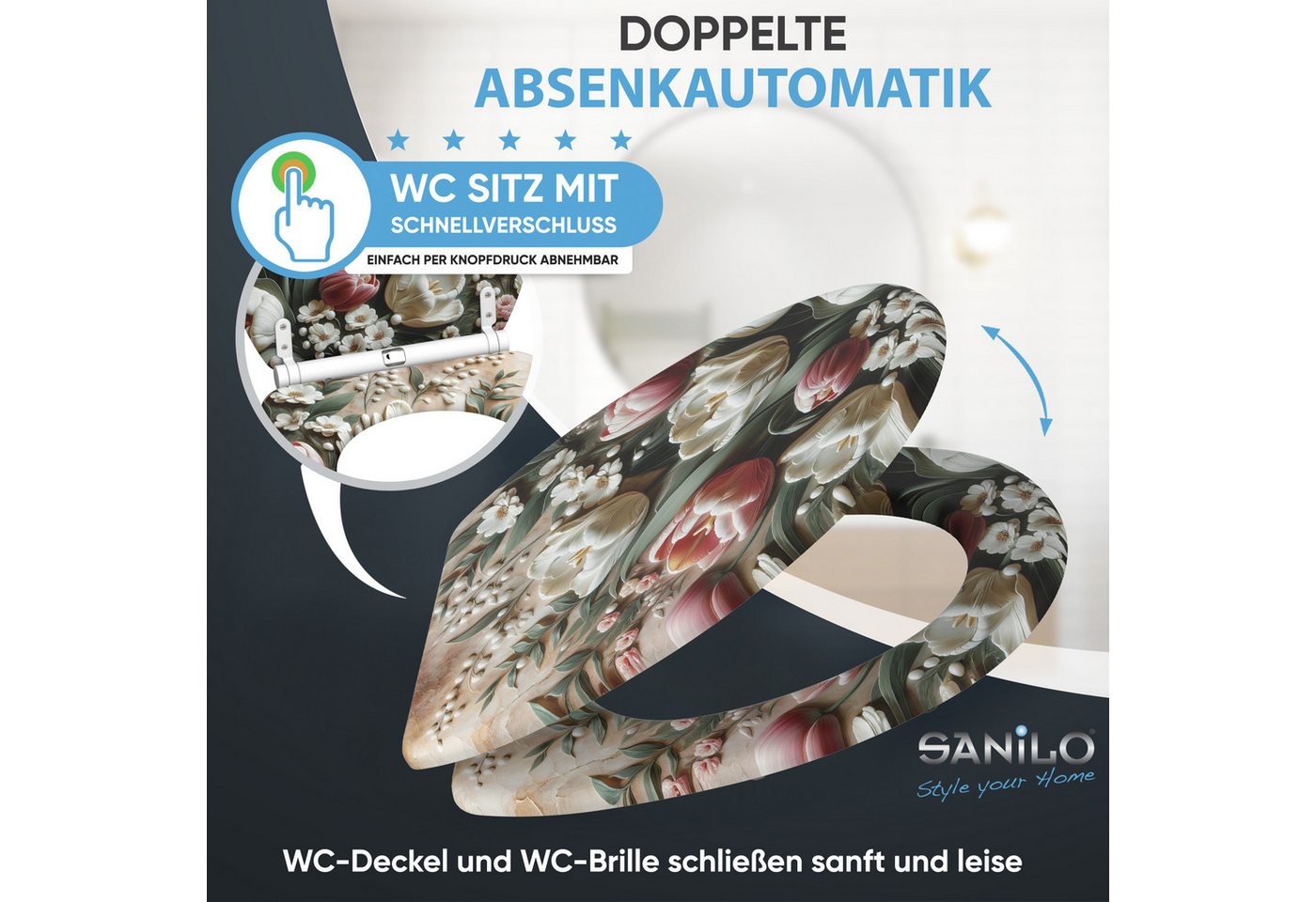Sanilo WC-Sitz Blossique mit Absenkautomatik & Quick Release, Premium Toilettendeckel, abnehmbar, leichte Montage von oben – Bild 3 von 5
