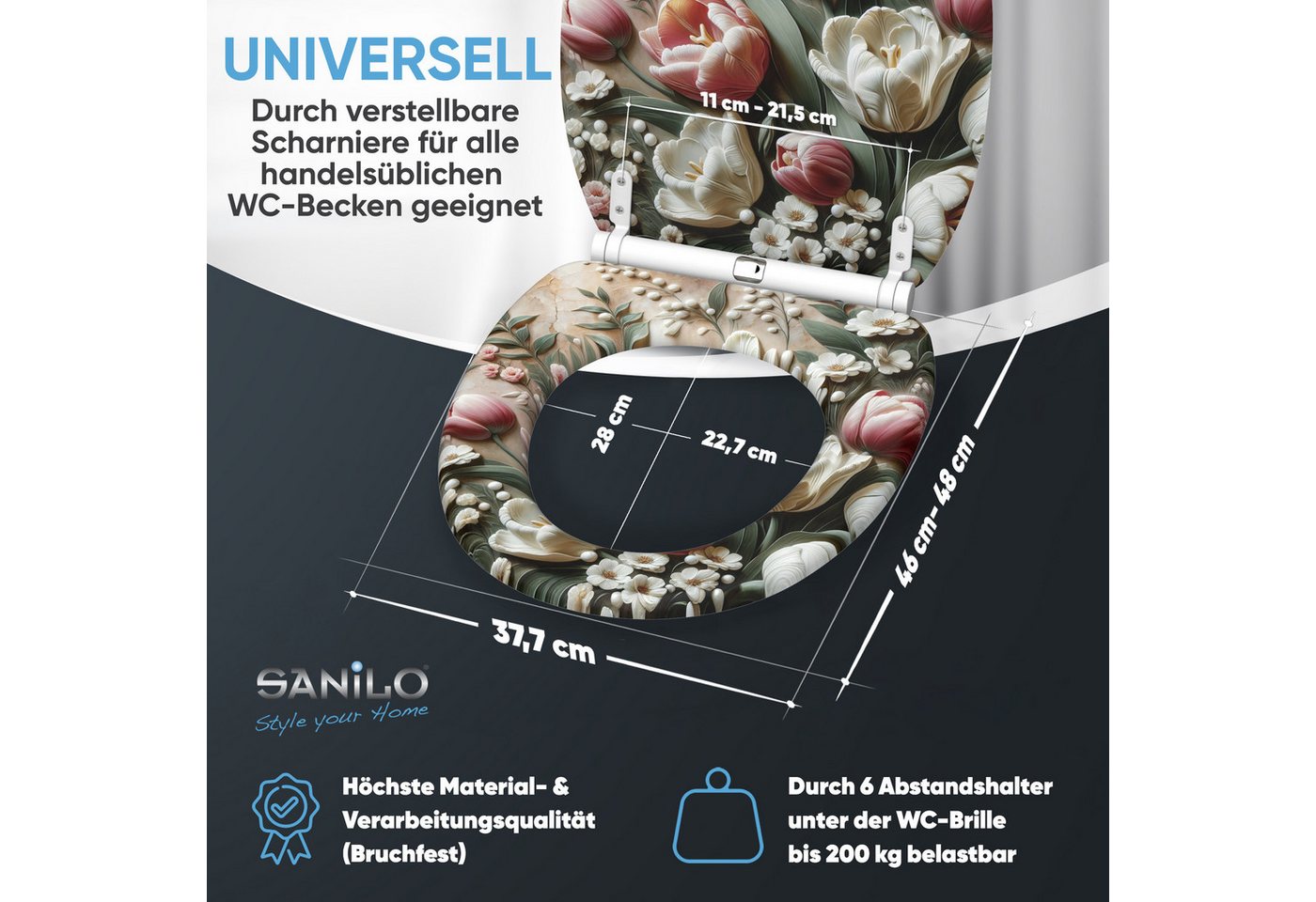 Sanilo WC-Sitz Blossique mit Absenkautomatik & Quick Release, Premium Toilettendeckel, abnehmbar, leichte Montage von oben – Bild 4 von 5