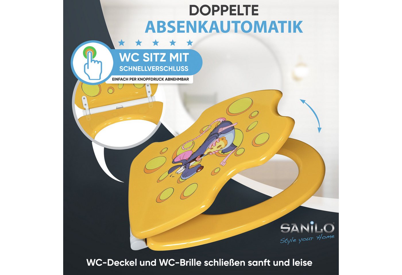 Sanilo WC-Sitz Cheesy mit Absenkautomatik & Quick Release, Premium Toilettendeckel, abnehmbar, leichte Montage von oben – Bild 3 von 5