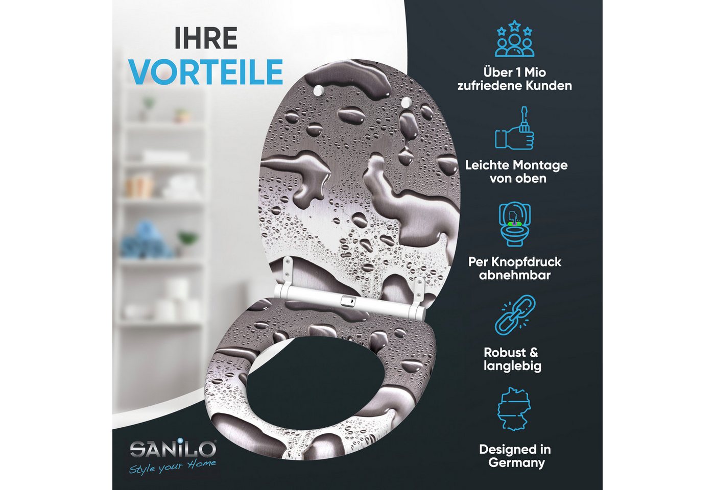 Sanilo WC-Sitz Dewdrop mit Absenkautomatik & Quick Release, Premium Toilettendeckel, abnehmbar, leichte Montage von oben – Bild 2 von 5