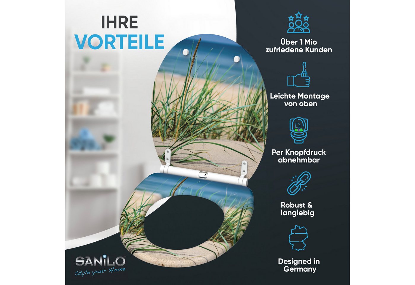 Sanilo WC-Sitz Dunetide mit Absenkautomatik & Quick Release, Premium Toilettendeckel, abnehmbar, leichte Montage von oben – Bild 2 von 5