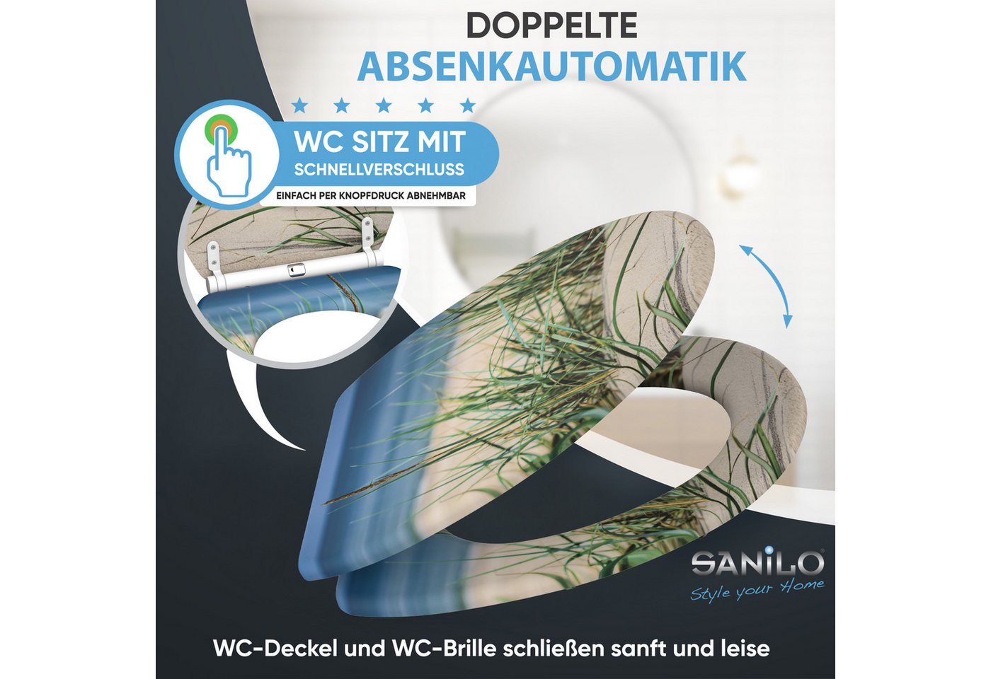 Sanilo WC-Sitz Dunetide mit Absenkautomatik & Quick Release, Premium Toilettendeckel, abnehmbar, leichte Montage von oben – Bild 3 von 5