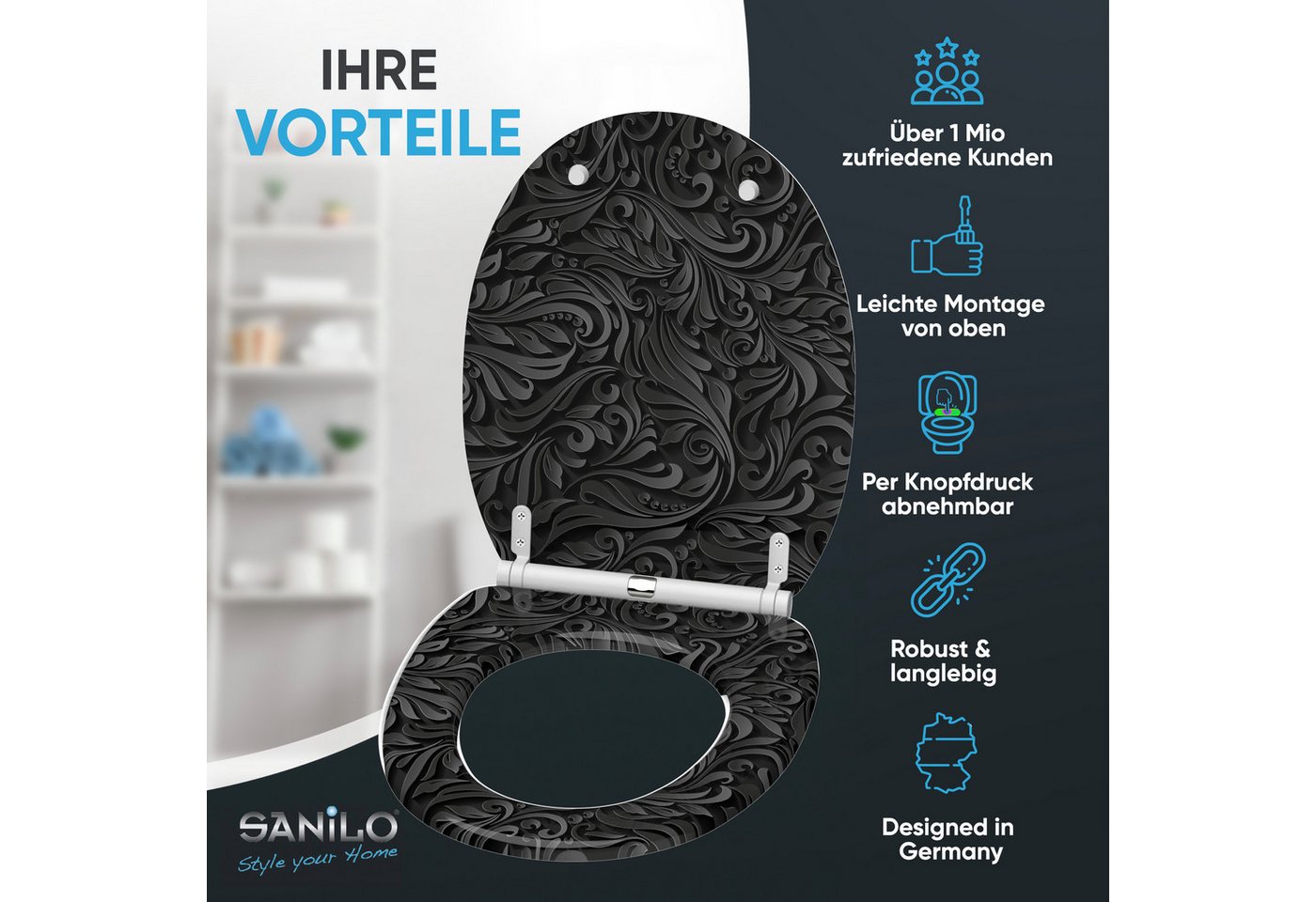 Sanilo WC-Sitz Floral mit Absenkautomatik & Quick Release, hochwertig, abnehmbar, leichte Montage von oben, mit Schraubenzieher – Bild 2 von 5