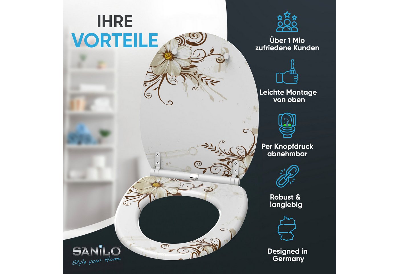 Sanilo WC-Sitz Flower mit Absenkautomatik & Quick Release, Premium Toilettendeckel, abnehmbar, leichte Montage von oben – Bild 2 von 5
