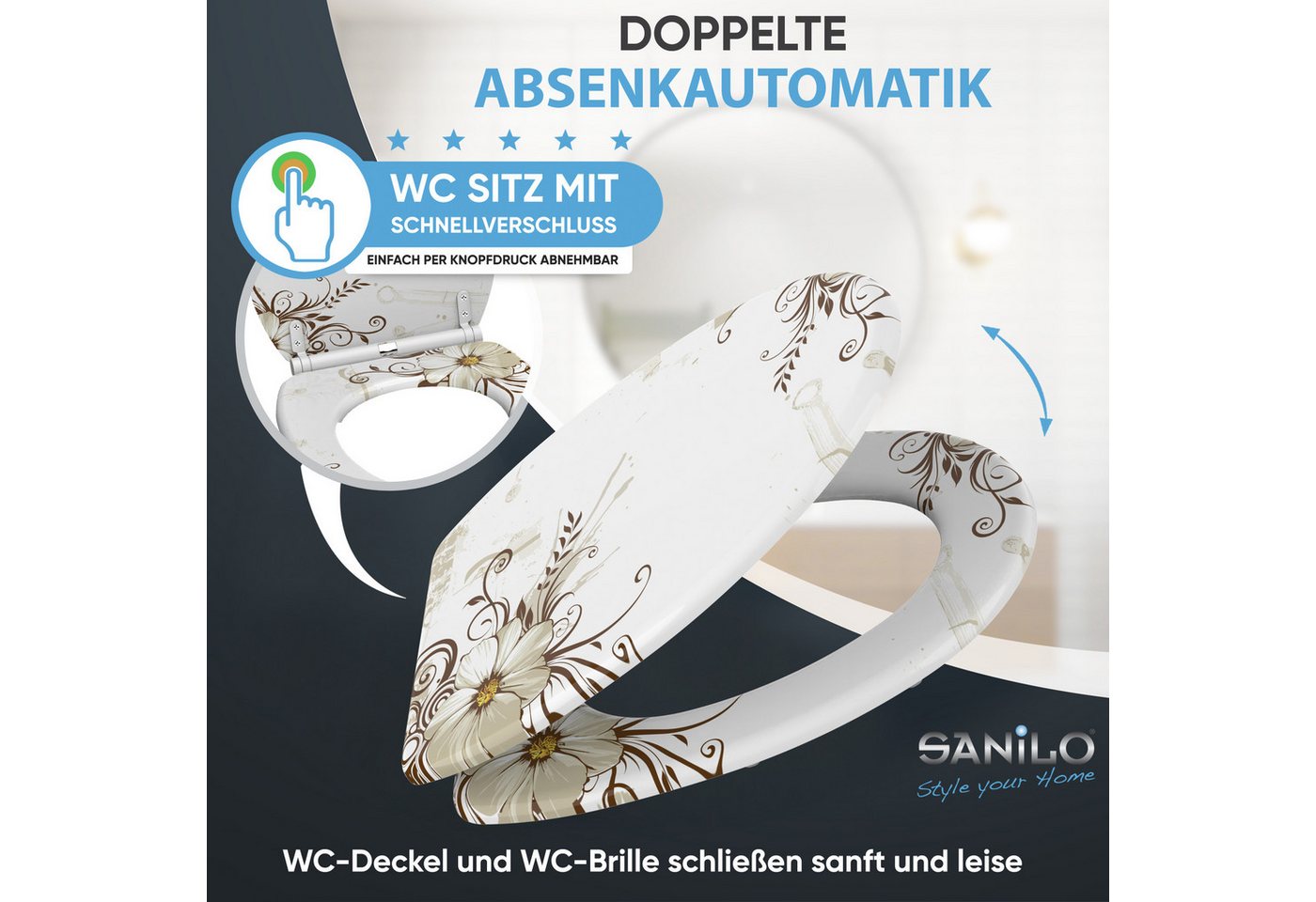 Sanilo WC-Sitz Flower mit Absenkautomatik & Quick Release, Premium Toilettendeckel, abnehmbar, leichte Montage von oben – Bild 3 von 5