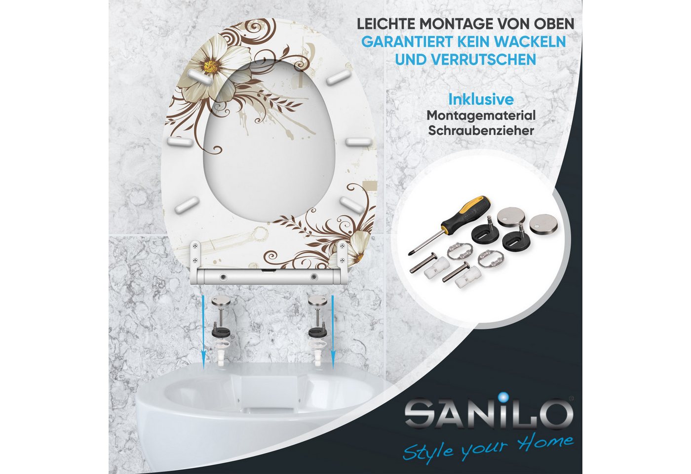 Sanilo WC-Sitz Flower mit Absenkautomatik & Quick Release, Premium Toilettendeckel, abnehmbar, leichte Montage von oben – Bild 5 von 5