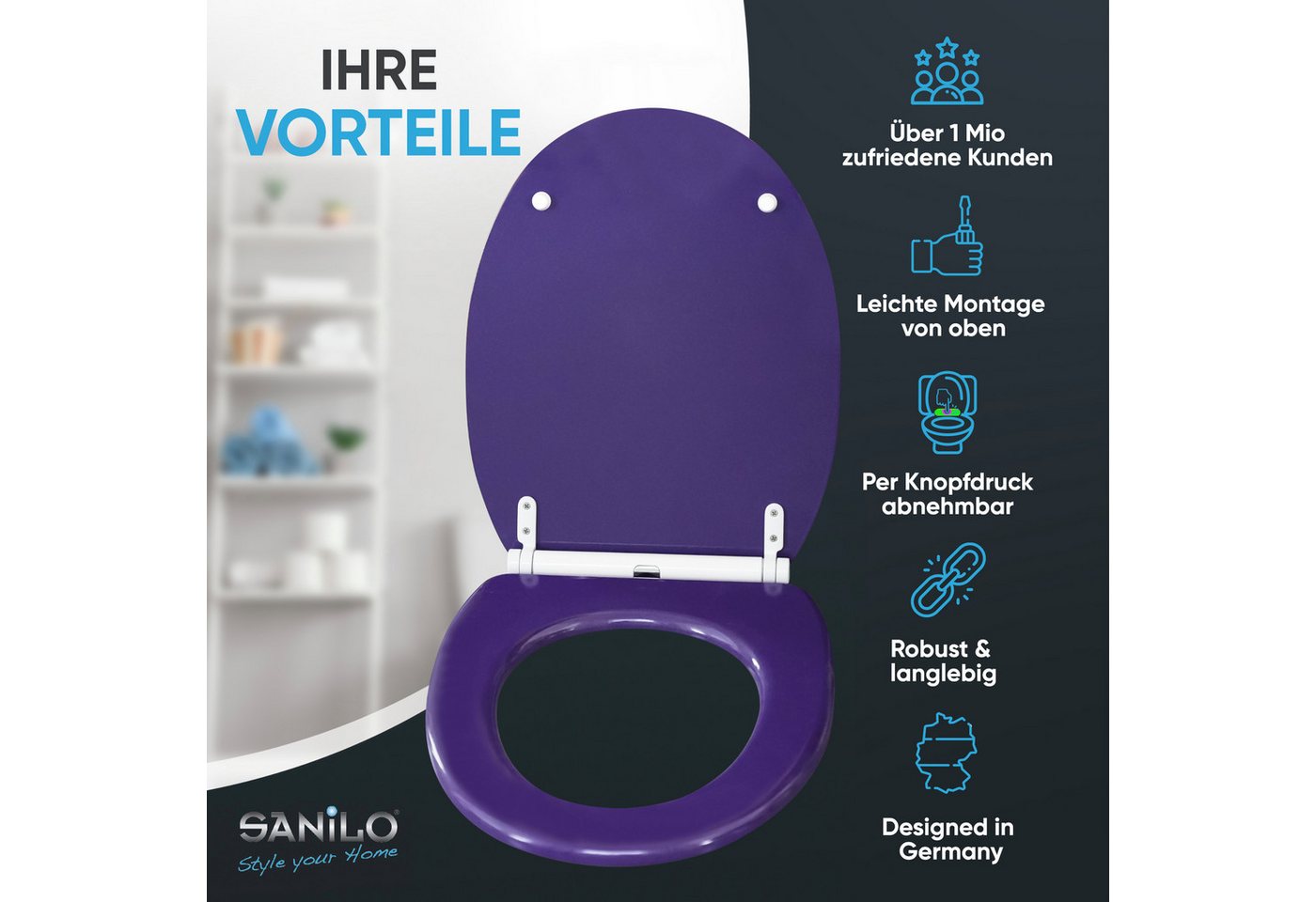 Sanilo WC-Sitz Glitzer mit Absenkautomatik & Quick Release, Premium Toilettendeckel, abnehmbar, leichte Montage von oben – Bild 2 von 5