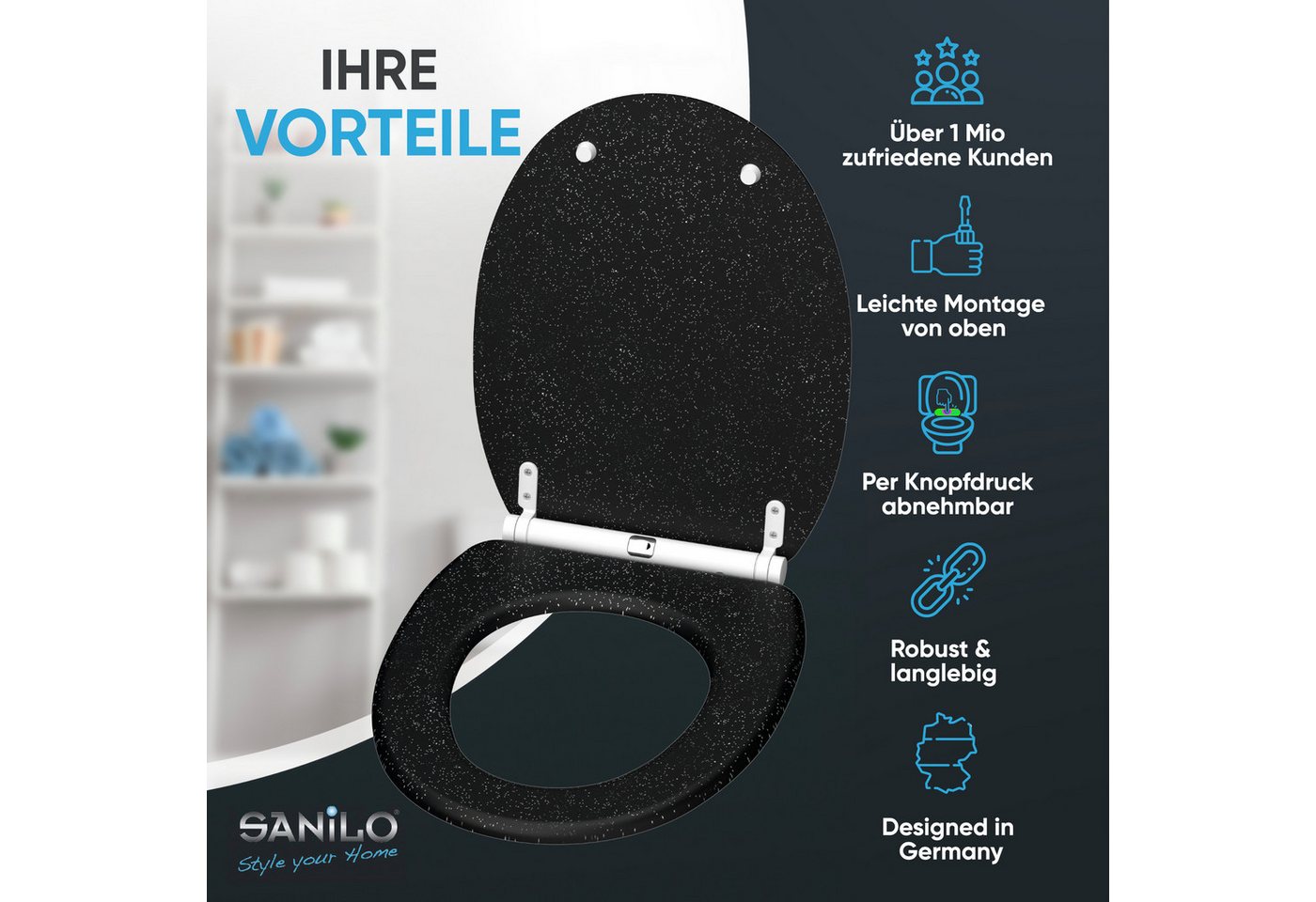 Sanilo WC-Sitz Glitzer mit Absenkautomatik & Quick Release, Premium Toilettendeckel, abnehmbar, leichte Montage von oben – Bild 2 von 5